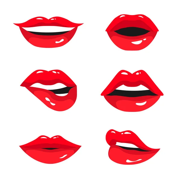 Colección Labios Rojos Femeninos Conjunto Labios Mujer Sexy Expresando Diferentes — Vector de stock