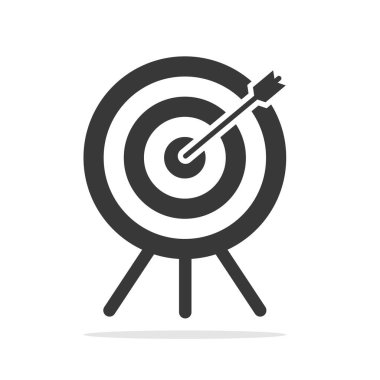 Hedef, ortaya bir okla vuruldu. İş sorunları ve hedef başarı kavramı. Uçuş rotası. Beyaz arkaplanda vektör çizimi izole edildi. Siyah simge.