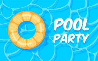 Yaz havuzu geçmişinde çörek ve karpuz desenli cankurtaran şamandıralarıyla. Havuz partisi afişi. Yüzük yüzükleri. Düz moda vektör illüstrasyonu. Üst görünüm