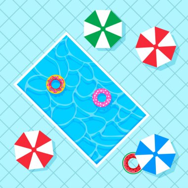 Renkli yaşam şamandıraları olan dikdörtgen yüzme havuzu, mavi karolar üzerinde plaj şemsiyeleri. Üst Manzara. Düz moda vektör illüstrasyonuName.