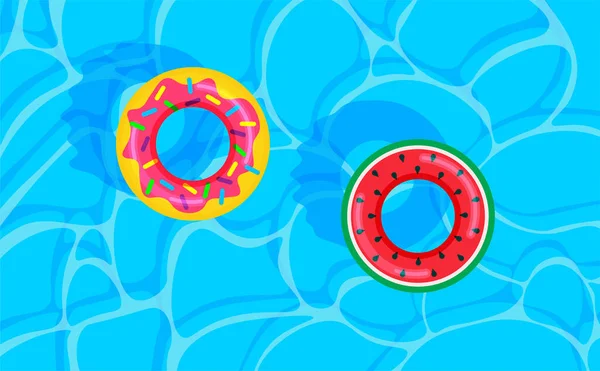 Fondo Verano Piscina Con Boyas Salvavidas Impresas Donut Sandía Banner — Vector de stock