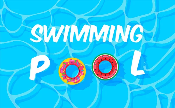 泳池派对模版横幅 游泳池夏天的背景图片 彩色的救生圈 流行风格的矢量插图 顶部视图 — 图库矢量图片