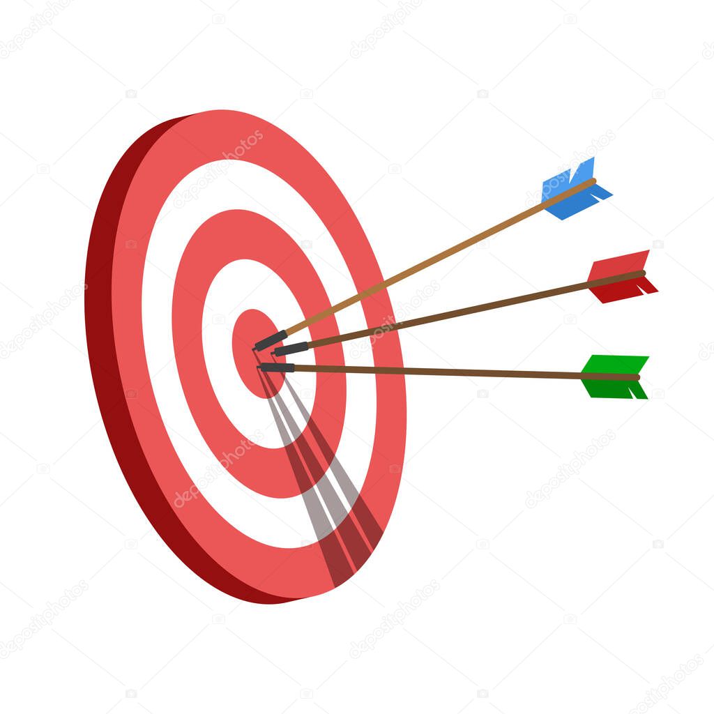 Target with an arrows, hit the target. Business challenge and goal achievement concept. Vector illustration isolated on white background.