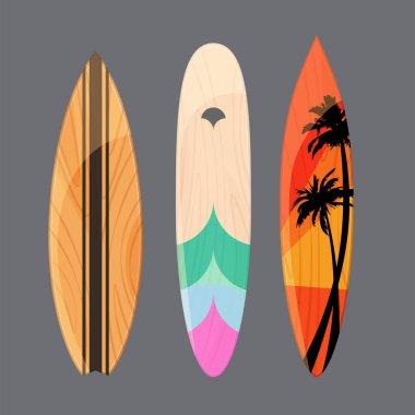 Gri arka planda farklı sörf tahtaları. Düz moda sörfçüler için sörf tahtası. Egzotik parmak izi. İzole vektör illüstrasyonu.