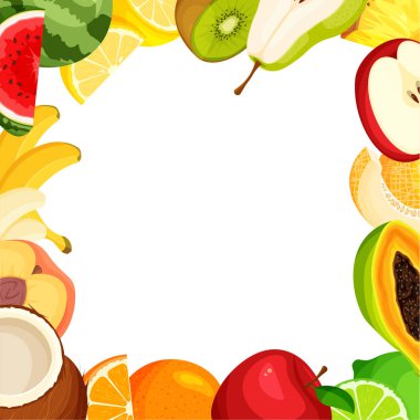 Meyve seti çerçevesi. Yaz afişi şablonu izole edildi. Vektör illüstrasyonu.