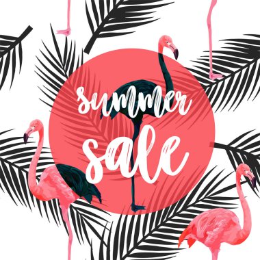 Pembe flamingoları ve beyaz arka planda palmiye yaprakları olan tropik, modern, pürüzsüz bir desen. Yaz indirimi afiş şablonu. Web sayfası için tasarım. Vektör illüstrasyonu.