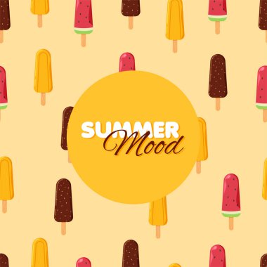 Dondurma pürüzsüz desen. Çikolata, portakal ve donmuş karpuzlu dondurma. Yaz afişi. Vektör illüstrasyonu.