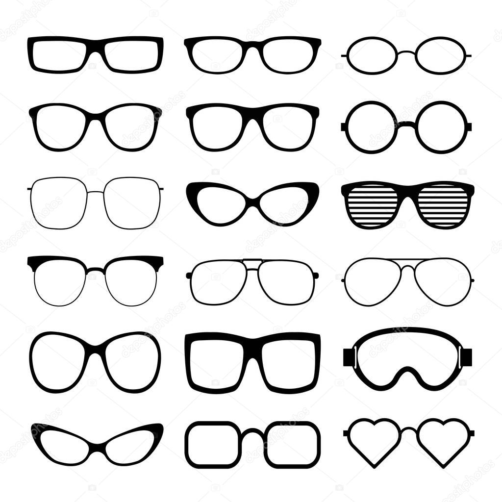 Sunglasses icon set template. Black outline sunglass, mens and women glasses silhouette. Vector illustration.