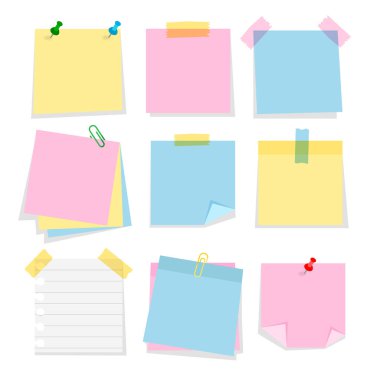 Beyaz arkaplanda izole edilmiş not etiketleri gönder. Çizgi film renk yer imleri seti. Kağıt yapıştırıcı bant, ataç ve raptiye..