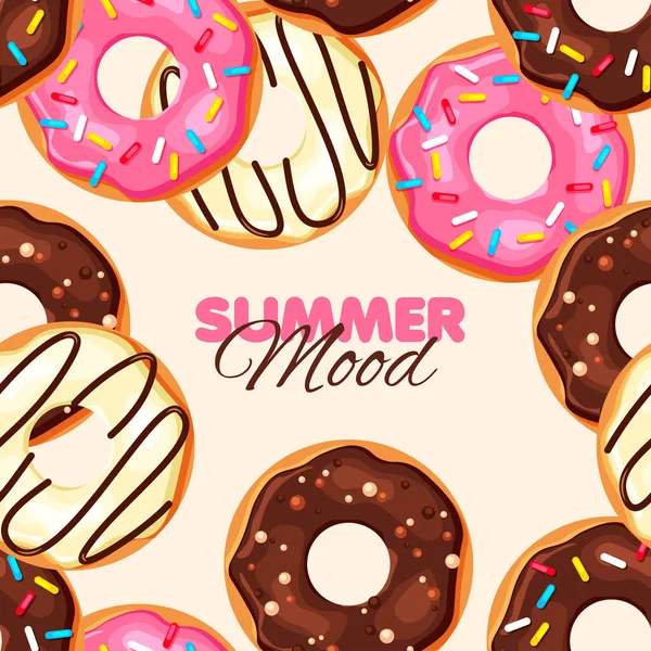 Donut Naadloos Patroon Chocolade Vanille Aardbeiendonut Zomer Spandoek Vectorillustratie — Stockvector