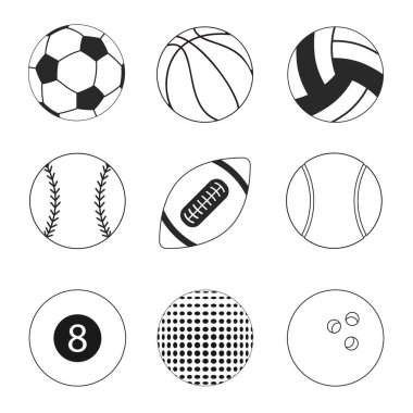Spor topları siyah simge beyaz arka planda izole. Futbol, beysbol, futbol, rugby ve tenisin ana hatları..