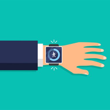 Fitness adımları ve takip uygulamasını akıllı saat ekranında çalıştır. Adım sayacı konsepti. Gündüz aktivitesi ve izleme verileri. Vektör illüstrasyonu.