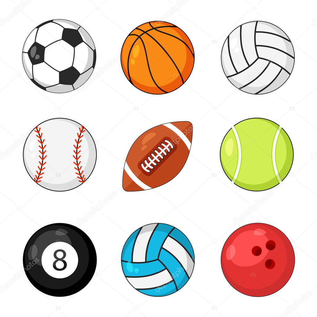 Sports balls icon vector set isolated on white background. Soccer and baseball, football game, rugby and tennis.