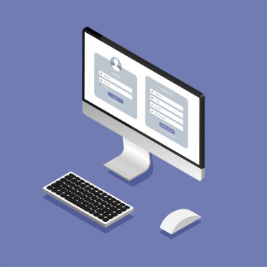 Sosyal medya kayıt formu ve izometrik bilgisayar ekranında giriş formu sayfası. Tasarımınız için vektör şablonu. Web sitesi ui kavramı.