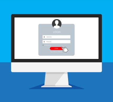 Monitör ekranında kayıt formu ve giriş formu sayfası. Tasarımınız için vektör şablonu. Website ui konsepti. Bilgisayar modellemesi.