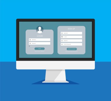 Kayıt formu ve giriş formu sayfası monitör ekranında. Tasarımınız için vektör şablonu. Website ui konsepti. Bilgisayar modellemesi.