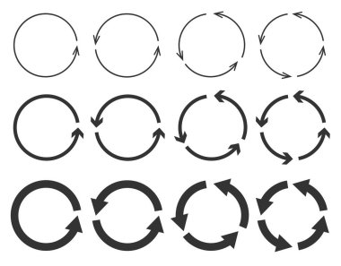 Beyaz zemin üzerinde izole edilmiş daire ok vektör kümesi. Oku ve dönen yükleme sembolünü döndür. Dairesel döndürme ögeleri yükleme, yeniden yükleme işlemi.