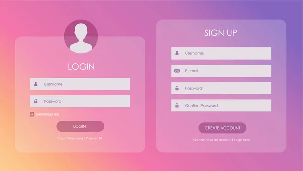 Registration form and login form page. Vector template for your design. Website ui concept. Pink gradient.