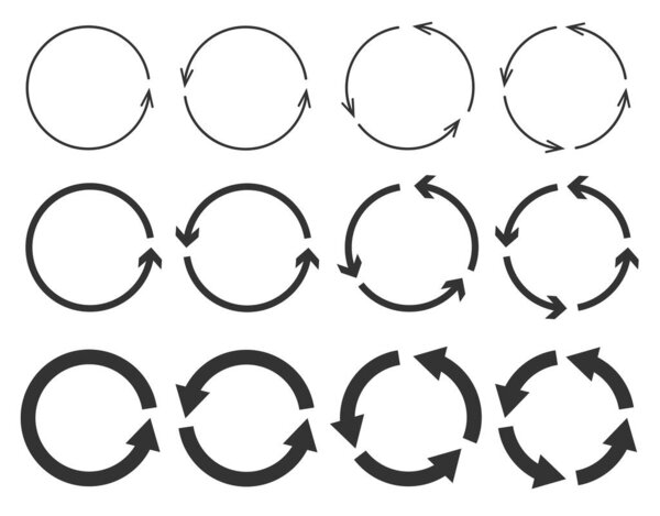 Vector set of circle arrows isolated on white background. Rotate arrow and spinning loading symbol. Circular rotation loading elements, redo process.