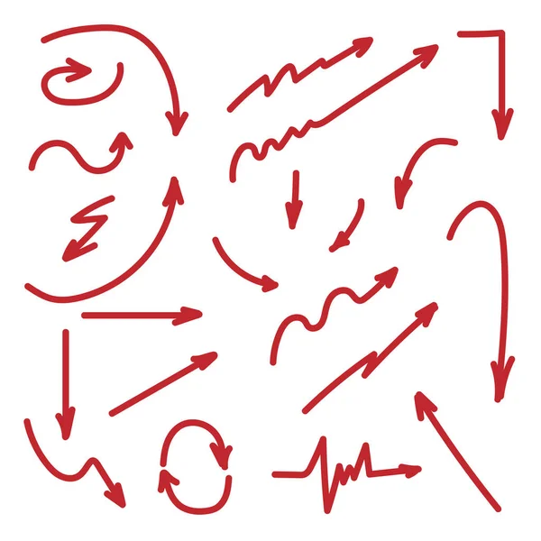 ベクトル手書きの矢印のセット 赤い方向の鉛筆のスケッチのシンボルのコレクション 白い背景に孤立した落書きの矢印 グラフィックデザイン要素 — ストックベクタ