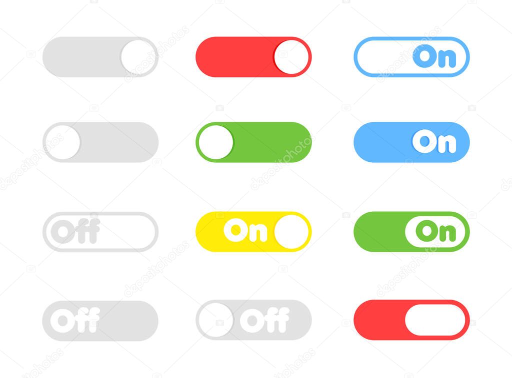 On and Off toggle switch buttons. Different color button set for mobile app and social media. Vector illustration.