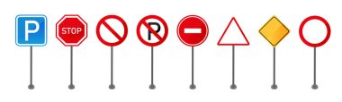 Beyaz arka planda duran yol tabelaları. Trafik levhası. Vektör illüstrasyonu.