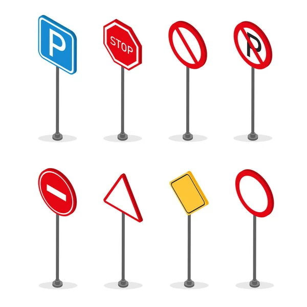 Ensemble Panneaux Isométriques Debout Isolés Sur Fond Blanc Panneau Signalisation — Image vectorielle