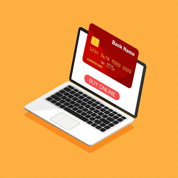 Compras Línea Tarjeta Crédito Una Pantalla Portátil Estilo Isométrico Quédate — Vector de stock