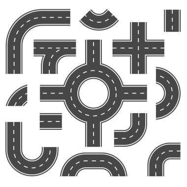 Kendi yol haritanızı oluşturun. Kavşağı ve patikası olan yol ve cadde. Şehir haritası için vektör ögeleri. Beyaz arka planda izole edilmiş. Otoyol asfalt bölümü trafik sokaklarına zarar veriyor.