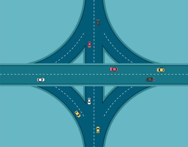 Farklı arabaları olan üst görüş yolu. Otoban ve otoyol kavşağı. Ulaşım elementlerine sahip şehir altyapısı. Düz modern tarzda vektör illüstrasyonu.