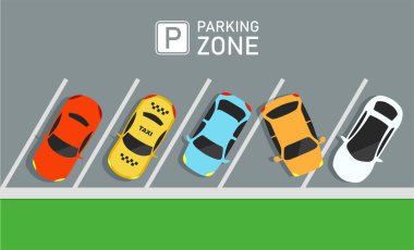 Şehir otoparkında farklı arabalar var. Park yeri eksikliği. Yanlış ya da yanlış park. Şehir ulaşımı. Vektör illüstrasyonu.