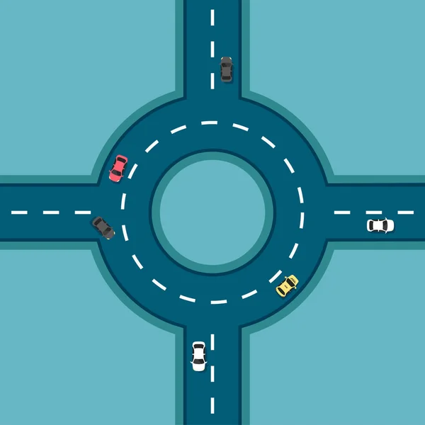 Top View Road Different Cars Roundabout Crossroads Autobahn Highway Junction — Stock Vector