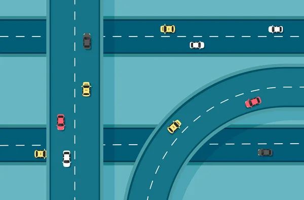 Top View Weg Met Verschillende Auto Autobahn Snelweg Kruising Stadsinfrastructuur — Stockvector