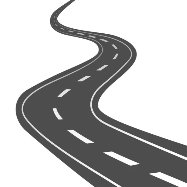 Beyaz işaretli kıvrımlı bir yol. Yol konumu bilgi şablonu. Hava perspektifinde otoyol. Vektör illüstrasyonu beyaz arkaplanda izole edildi.
