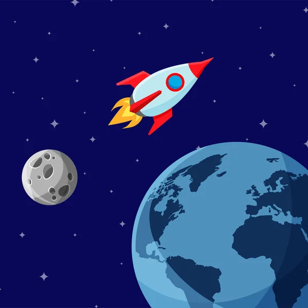 Cartoon Space Rocket Leaving Earth Orbit Going Deep Space Spaceship — Stock Vector