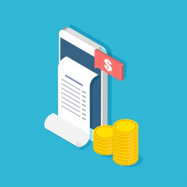 Mobil bankacılık ve ödeme. Makbuzlu akıllı telefon ve izometrik tarzda bozuk paralar. Renk arkaplanında izole edilmiş vektör illüstrasyonu.