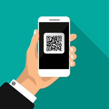 Ekranda QR kodu olan bir el telefonu tutuyor. Kodu telefonla tarıyorum. Etiket etiketi. Vektör illüstrasyonu.