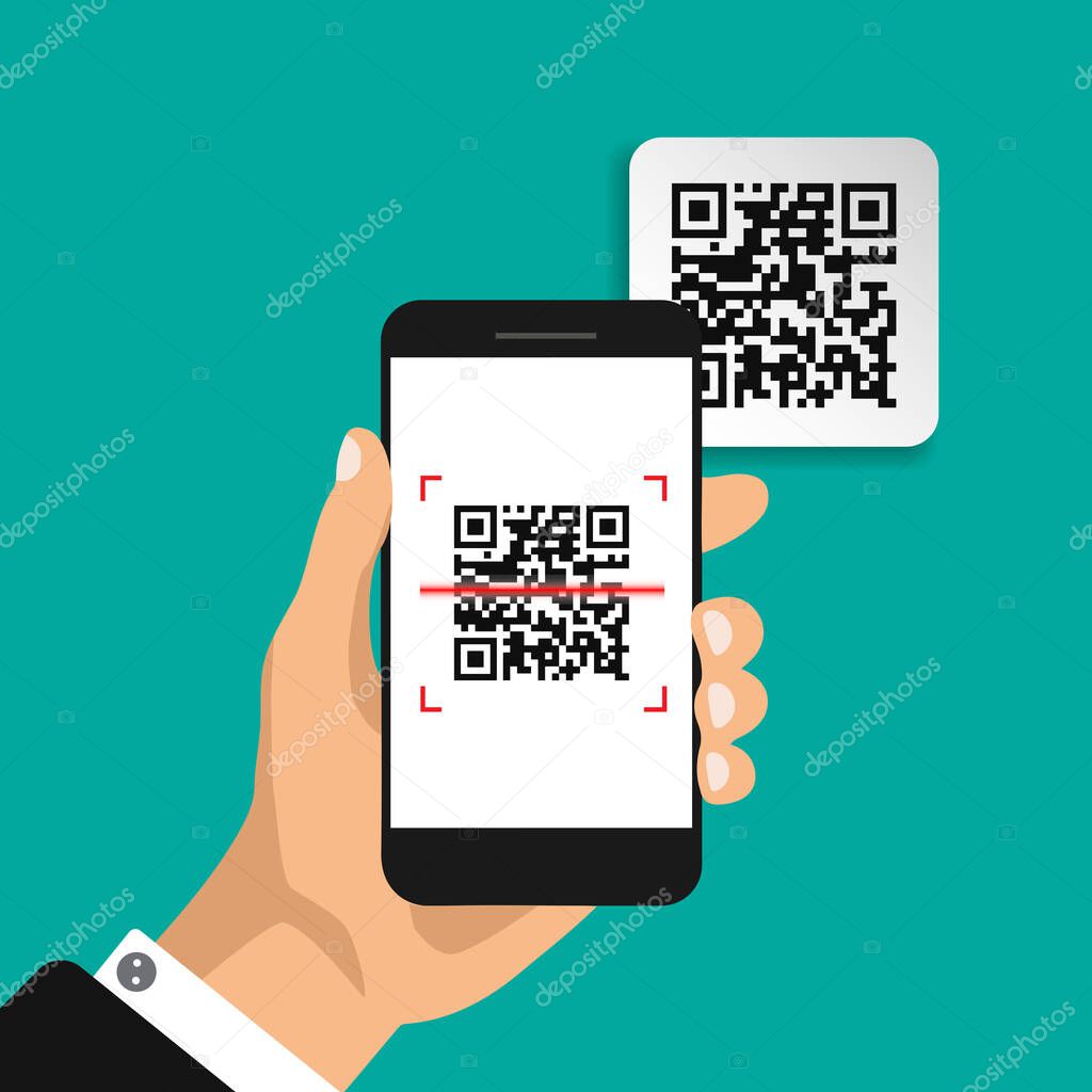 Hand holds phone with qr code on screen. Scanning code by phone. Qr label sticker. Vector illustration.