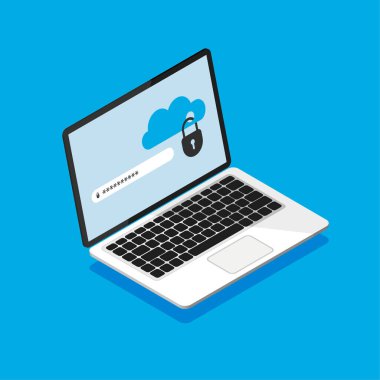 Ekranda kilitli bulut deposu olan Isometric laptop. Dosya koruması. Şifreyi gir. Bilgisayar ekranında veri güvenliği ve gizlilik kavramı. Güvenli gizli bilgi. Vektör illüstrasyonu.