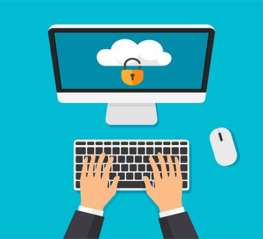 Ekranda kilitli bir bulut deposu olan bilgisayar. Dosya koruması. Klavyede el yazıları var. Bilgisayar ekranında veri güvenliği ve gizlilik kavramı. Güvenli gizli bilgi. Üst görünüm