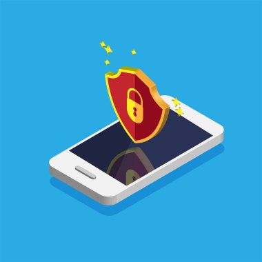 Dosya koruması. Telefon ekranında veri güvenliği ve gizlilik kavramı. Güvenli gizli bilgi. Ekranında kırmızı kalkan olan akıllı telefon. Vektör illüstrasyonu.