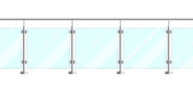 Metal borular korkuluklu cam çitler ve beyaz arka planda izole edilmiş şeffaf çarşaflar. Ev merdiveni ve balkon için metal tırabzanları olan cam balkon. Çelik sütunlu tırabzan veya eskrim bölümleri
