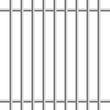 Beyaz arka planda izole edilmiş metal parmaklıklar ya da çubuklar. Gerçekçi çit hapishanesi. Özgürlüğe giden yol. Suçlu ya da ceza konsepti. Vektör illüstrasyonu.