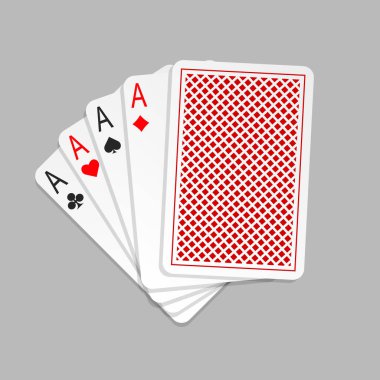 Beş el poker oyununda dört as arka planda iskambil oynar. Gri arka planda izole edilmiş kart oynanıyor. Vektör illüstrasyonu.
