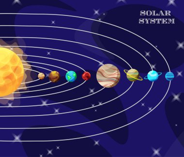 Uzayın arka planında Güneş Sistemi 'ndeki parlak renkli gezegenler. Gezegenler yörüngelerinde. Vektör illüstrasyonu.