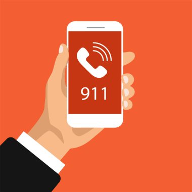 Acil durum düğmesi 911. Ekrandan arayarak akıllı telefonu tutuyor. Vektör illüstrasyonu.