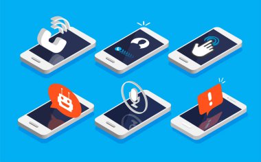 Vektör izometrik akıllı telefon seti. Chatbot, e-posta pazarlama, çağrı servisi, internet reklam kavramları. Mesaj baloncukları ve diyalog kutularının modern tasarımı. Sosyal medya bildirim simgesi.