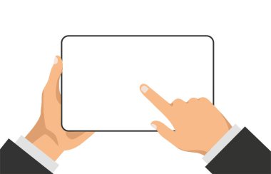 El tableti beyaz beyaz ekranla tutuyor. Boş ekranlı aygıtın şablonu veya maketi. Adam ekrana tıklıyor. Akıllı teknoloji. Vektör illüstrasyonu.
