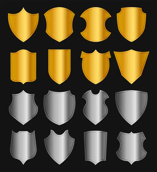 Gouden Zilveren Beschermde Schilden Ingesteld Verschillende Metalen Ridders Schild Vormen — Stockvector