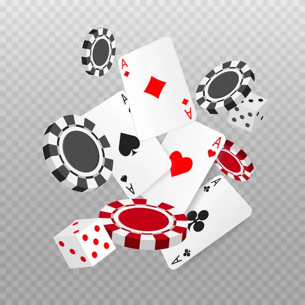 掉落或飞比扑克牌 筹码和骰子更重要 赌场广告横幅 在透明背景下孤立的矢量说明 — 图库矢量图片